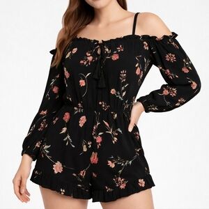 Black Floral Cold Shoulder Romper XL Boho Long Sleeve Festival Outfit